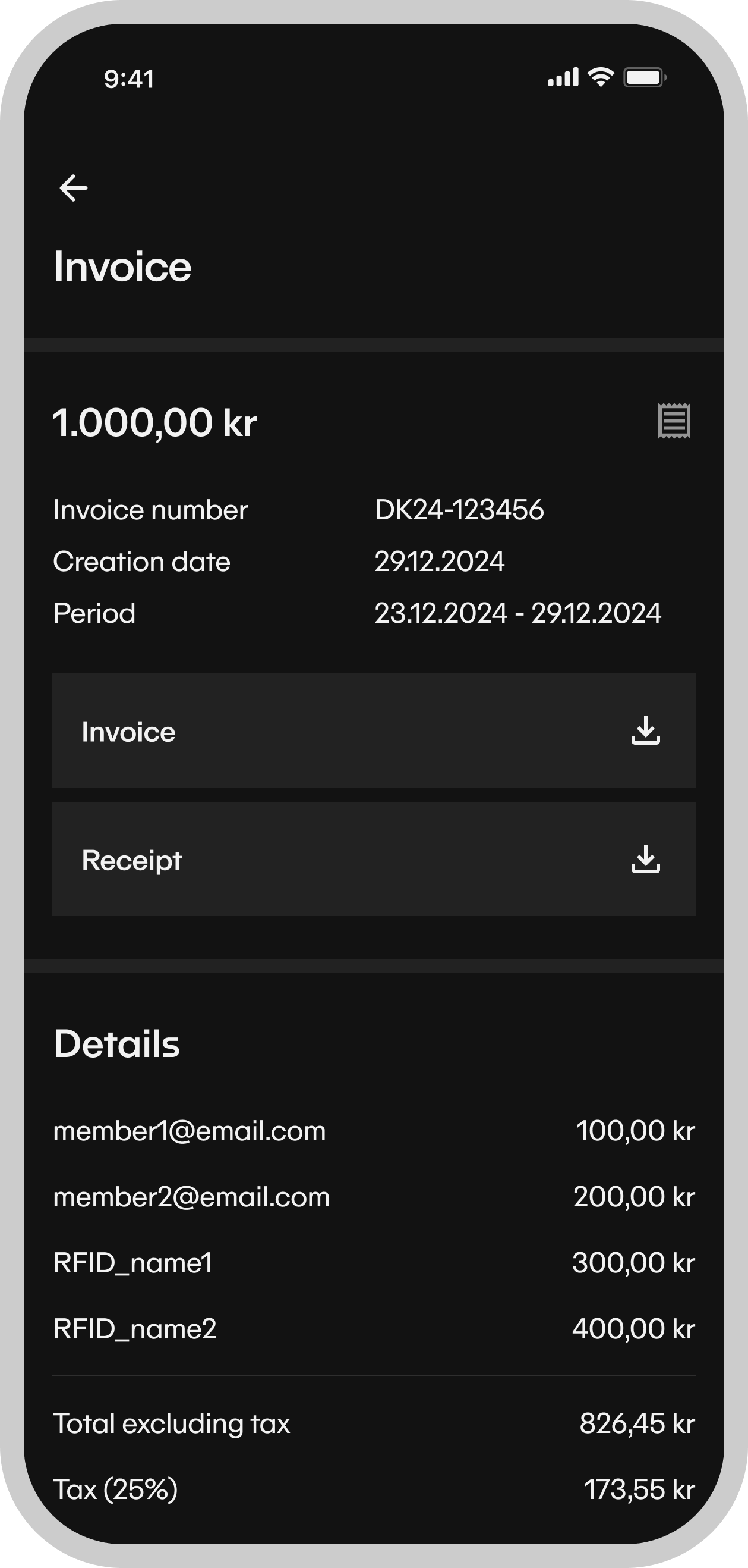 Stella mobile app screen displaying an invoice summary with options to download the full invoice or receipt, highlighting in-app billing management