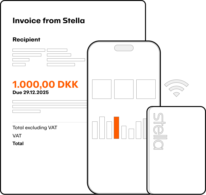 Illustration showing a Stella invoice, a mobile app displaying charging data, and an RFID card, representing easy billing and usage tracking
